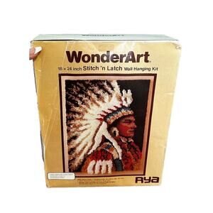 VTG WonderArt #4916 Indian Chief Latch Hook & Cross Stitch Wall Hanging 18x24”